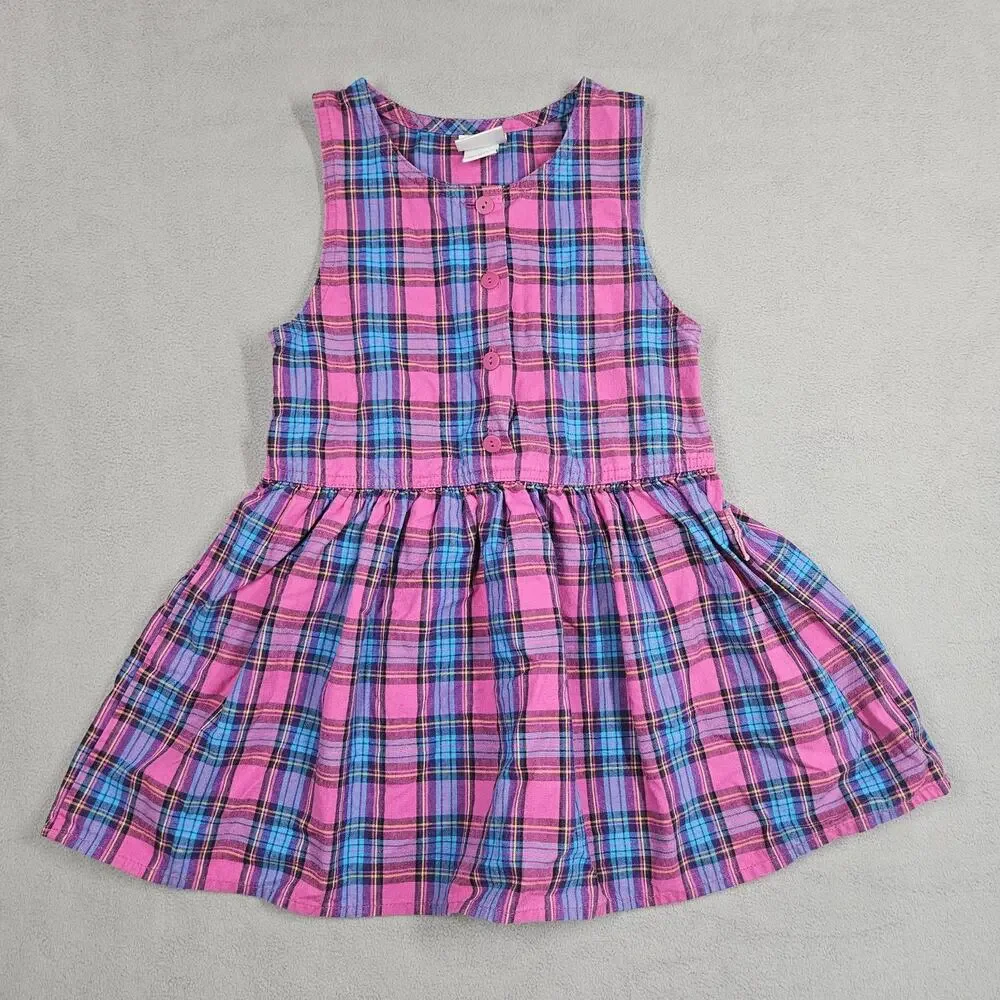 Vintage Oshkosh B’Gosh Dress Girls Size 4 Blue Pink Plaid USA Made 90s Summer